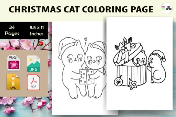 Christmas Cat Coloring Page for Kids-KDP Assets